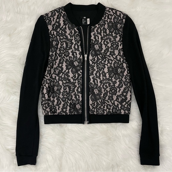 H&M Black Lace Bomber Jacket With Nude Base, Size Small - Picture 1 of 8